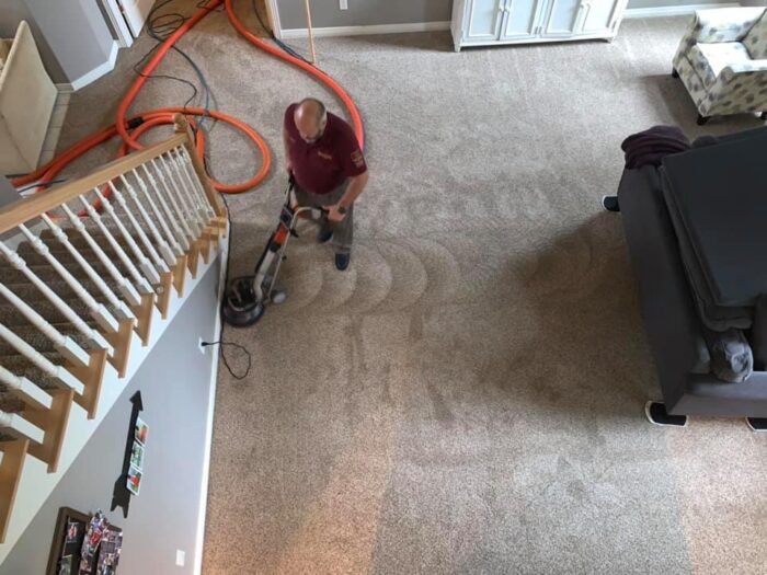 Professional carpet cleaner cleaning living room carpet