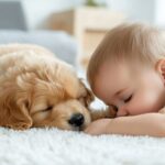 cute little baby sleeping with golden retriever puppy on carpet at home