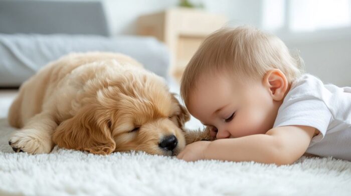 cute little baby sleeping with golden retriever puppy on carpet at home