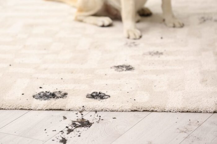 cute dog leaving muddy paw prints on carpet