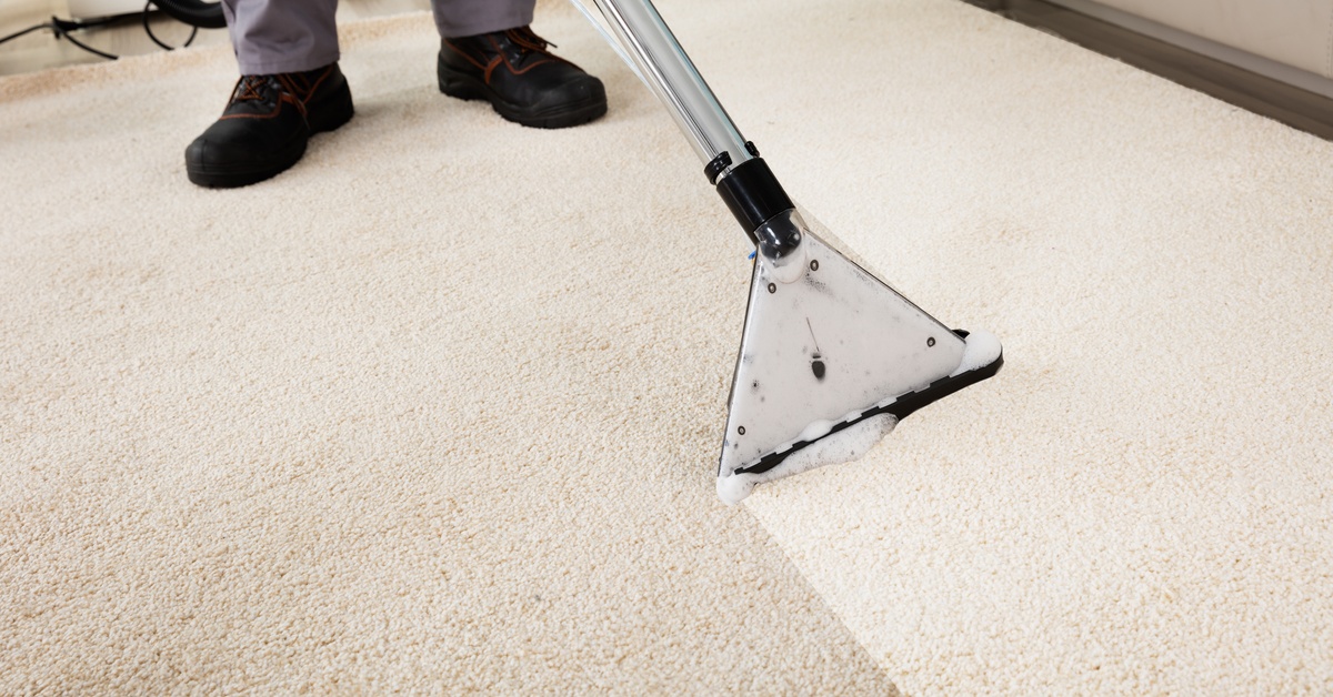 A person wearing gray pants and black shoes cleaning a light beige carpet with a wide transparent extraction wand.