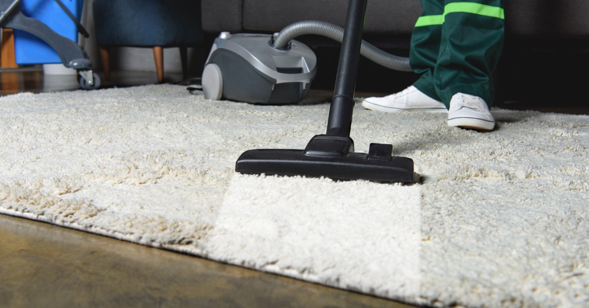 A vacuum head cleaning a light carpet near a gray sofa, with a canister vacuum and mop bucket nearby.
